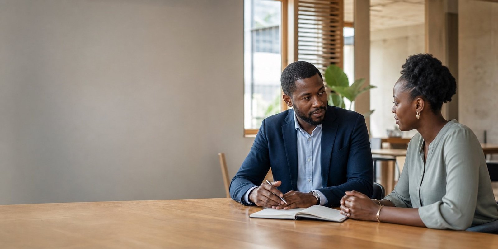 Un conseiller échange individuellement avec une entrepreneure dans un bureau accueillant.