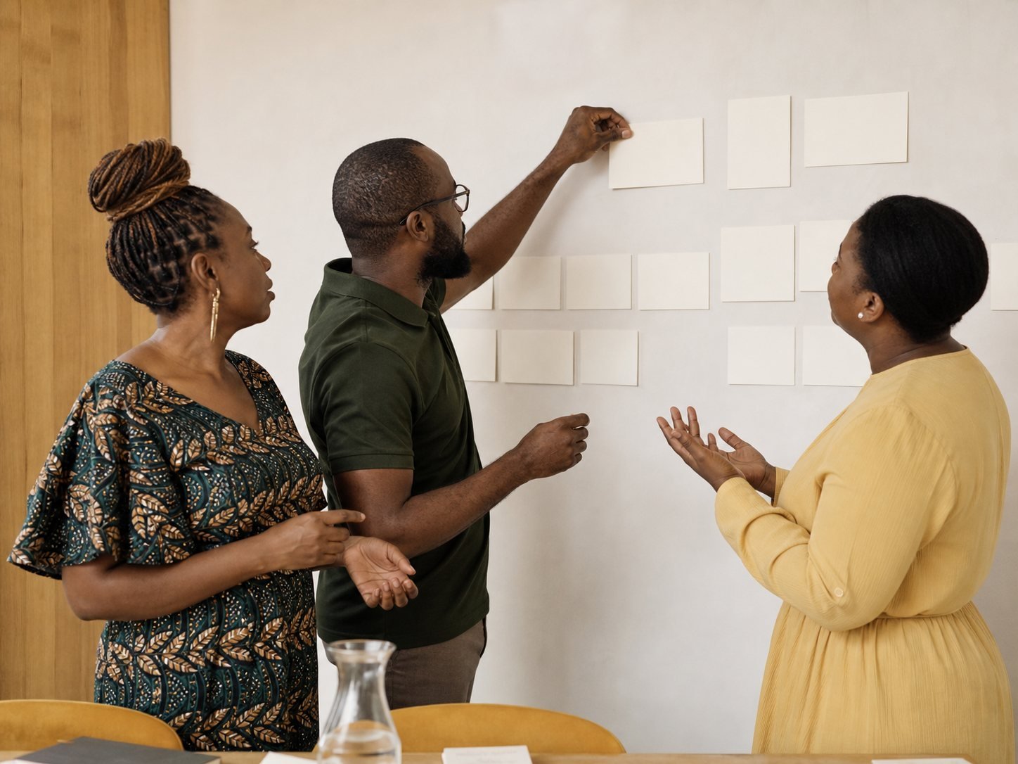 Trois professionnels organisent ensemble les étapes d’un processus sur un mur.