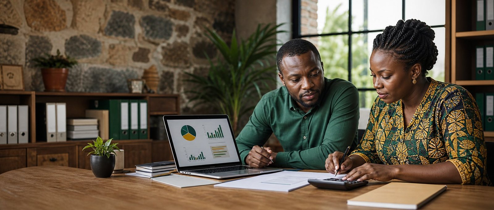 Deux professionnels analysent un budget, des graphiques et un plan de trésorerie.