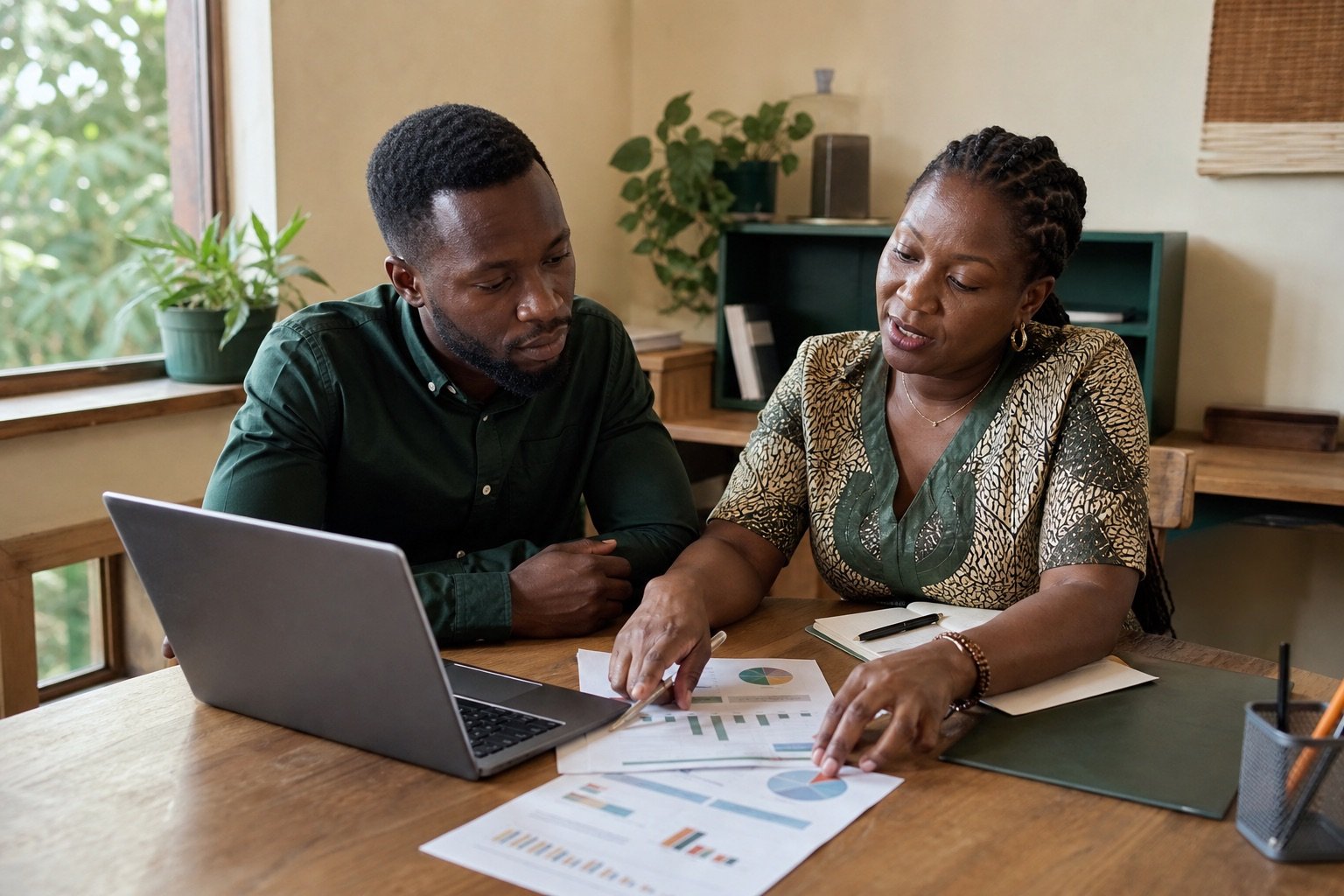 Un entrepreneur prépare un business plan avec une conseillère.