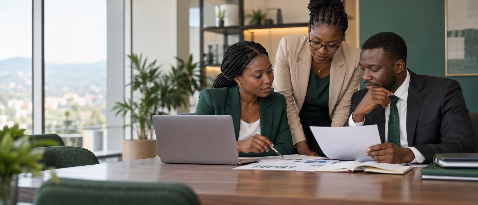 Des professionnels africains de la comptabilité analysent ensemble des documents financiers dans un bureau contemporain.